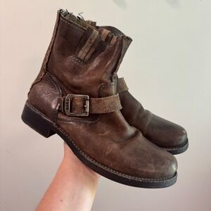 Frye Veronica Back Zip Brown Leather Moto Ankle Boots Womens Distressed Buckle